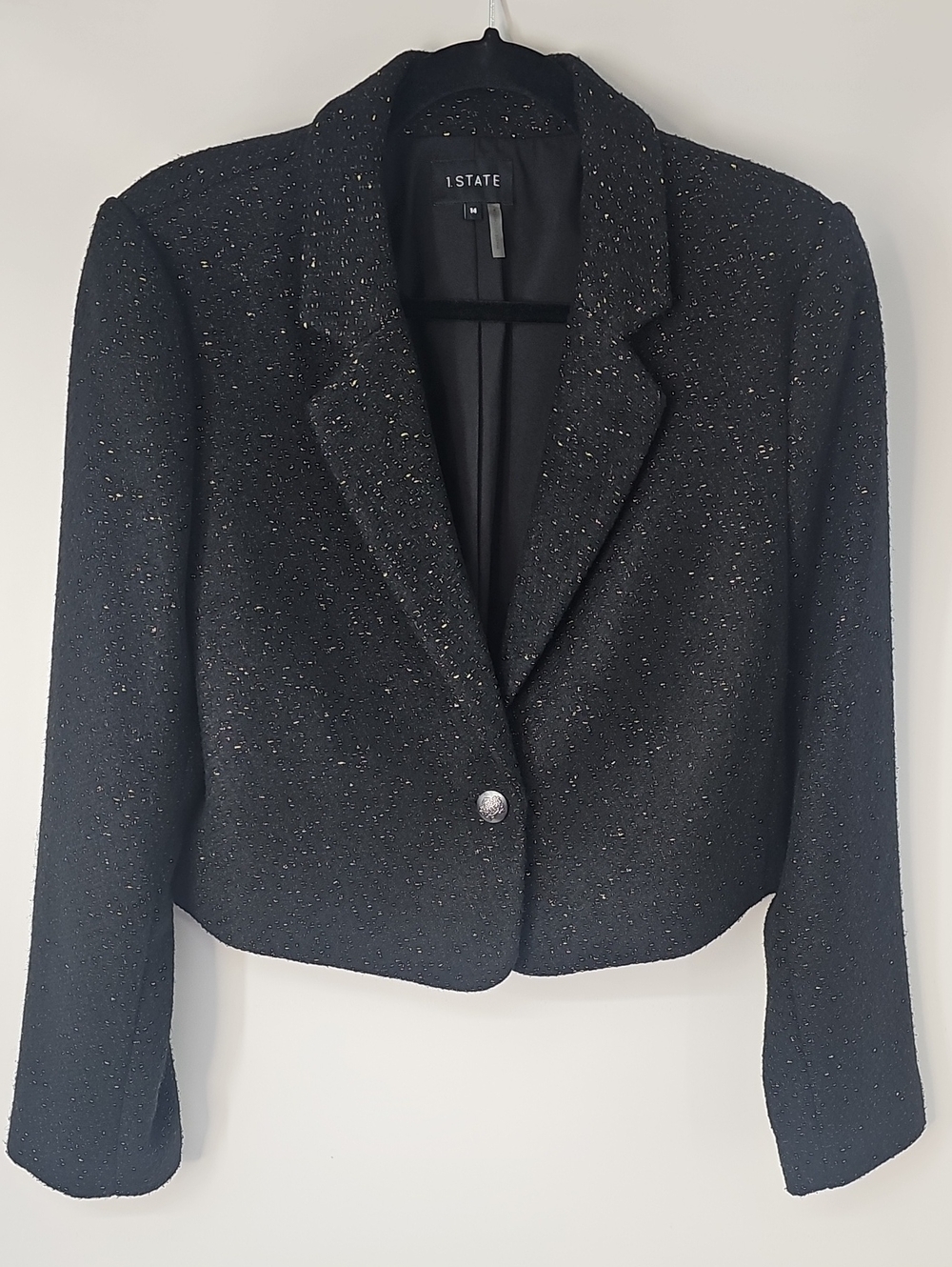 1 STATE Black One-Button Blazer w Gold Metallic Flecks Lined Sz:14